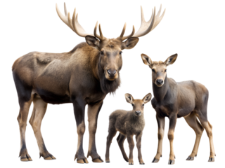 A majestic moose family portrait isolated on transparent background, featuring a bull, cow, and calf standing together in a heartwarming scene
