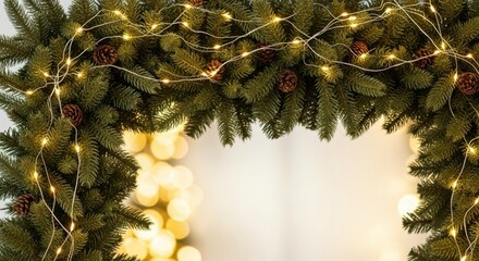 Closeup of a christmas garland with pinecones and lights
