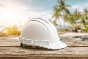 Construction hard hat resting on wooden table with tropical background featuring palm trees and soft sunlight during the golden hour at a coastal location