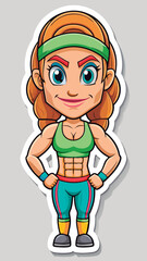 Energetic cartoon fitness woman in vibrant sports attire.