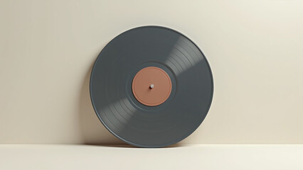 Black vinyl record leans on light wall with brown label.  
