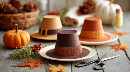 Handmade pilgrim hats and autumn crafts. Construction paper pilgrim hats and bonnets displayed on a table with scissors and glue, Thanksgiving decoration