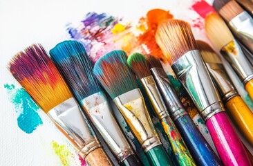 Colorful Paint Brushes and Vibrant Paint Splashes on Canvas Surface During an Art Project.