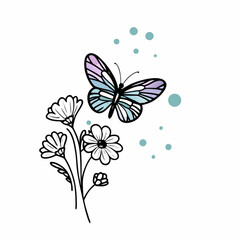 Minimilist illustration of a butterfly with pastel wings flying near a bouquet of outlined flowers and teal dots vector