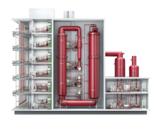 Cross-section industrial building with multiple processing units.  Red pipes, tanks, and equipment within.  Interior view of a facility