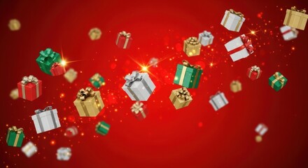 Flying christmas gifts with ribbons and sparkles on a red background