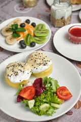 Delicious breakfast with fresh fruit and eggs