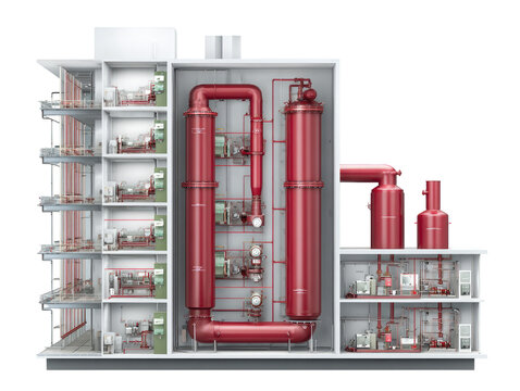 Cross-section industrial building with multiple processing units.  Red pipes, tanks, and equipment within.  Interior view of a facility