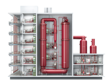Cross-section industrial building with multiple processing units.  Red pipes, tanks, and equipment within.  Interior view of a facility