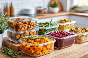 Thanksgiving side dishes in glass containers on gray stone background. Kitchen counter with containers of prepped Thanksgiving dishes. Concept of holiday meal prep and storage