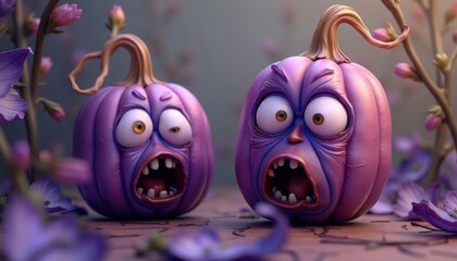 Three purple pumpkins with expressions of fear and anxiety on their faces create a creepy atmosphere. The central pumpkin is open-mouthed in fear, while the side ones seem angry, adding to the gloom.