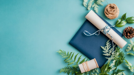 Elegant graduation flat lay featuring tied diploma, navy certificate holder, and natural green plants on calming blue background with room for text