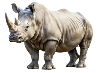 Obraz premium A majestic white rhinoceros, isolated on transparent background, stands tall, showcasing the beauty and strength of this endangered creature in its natural habitat