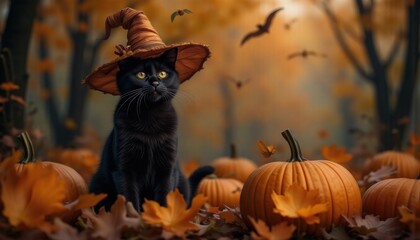 A black cat in an orange striped witch hat is surrounded by pumpkins and autumn leaves. Bats and a butterfly are visible in the background.