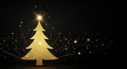 Elegant gold glitter christmas tree with sparkling lights and star
