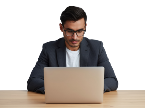 Focused young professional working on laptop against a transparent background
