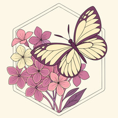 Minimilist illustration of a butterfly with yellow wings resting on a bouquet of pink and white flowers in a frame vector