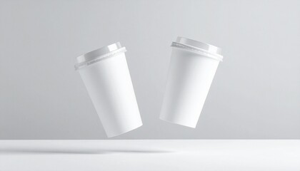Two white disposable coffee cups floating against a light gray background