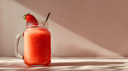 Refreshing strawberry smoothie in a mason jar with a straw, perfect for summer promotions or healthy lifestyle content with bright light
