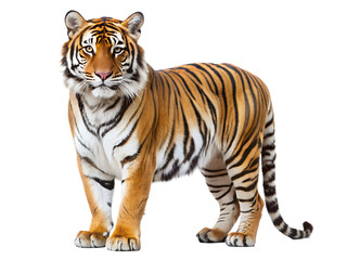 Obraz premium A majestic tiger stands tall and proud, isolated on transparent background, showcasing its striking stripes and powerful presence in a captivating full body shot