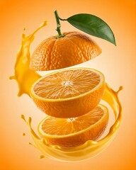 Floating Sliced Orange with Juice Splash on Gradient Background