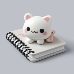 Kawaii Cat Figurine on Spiral Notebook 3D Render