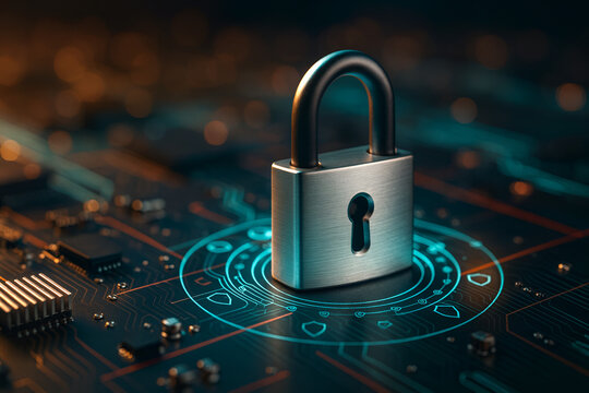 Cybersecurity concept: steel padlock on circuit board with glowing HUD ring. Symbol of data protection, encryption, secure access, network defense, zero-trust architecture, compliance and privacy