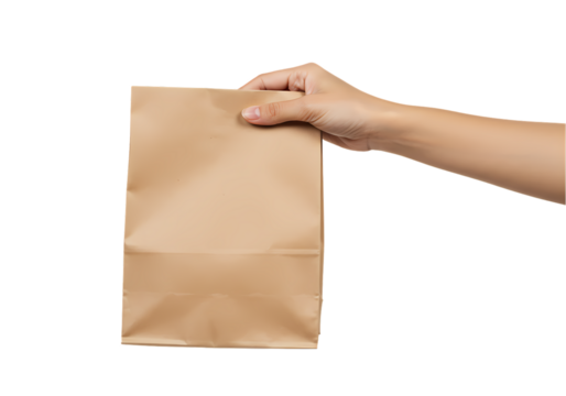 Hand Holding a Brown Paper Bag isolated on transparent background