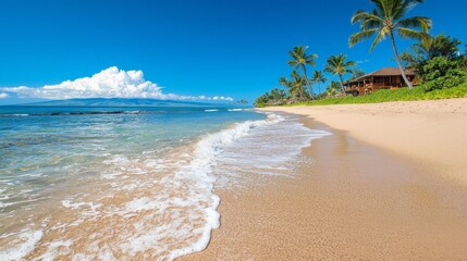 Fototapeta premium Tropical Beach Paradise Palm Trees Ocean Waves Sandy Shore