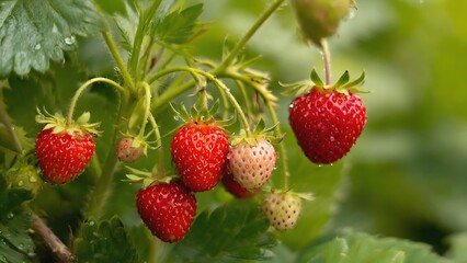 Ripe wild strawberries on a branch