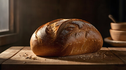 Detailed Close-up of Fresh Bread Placed on Wooden Board Highlighted by Natural Light