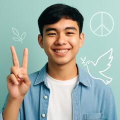 Celebrating peace and positivity young man against green background portrait photography indoor environment optimistic viewpoint