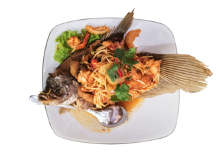 Pla pung tek, a fried carp dish with sweet and sour seafood salad, creates a rich blend of textures and flavors. This culinary masterpiece creates a captivating Thai culinary adventure.
