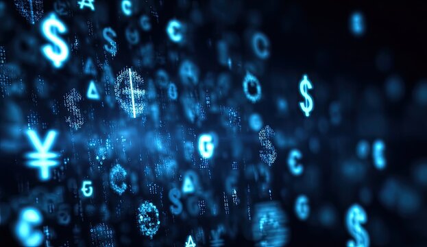 Abstract digital graphic of floating currency symbols