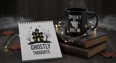 Halloween themed notebook and spooky brew mug with books and lights