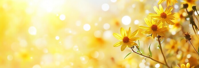 Fototapeta premium Yellow Flowers Bloom in a Bright Spring Garden Under Soft Sunlight.