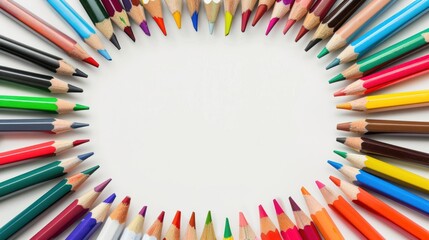 Fototapeta premium Dynamic circle composition of vibrant colored pencils on a pristine white canvas