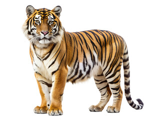 Fototapeta premium A stunning bengal tiger standing gracefully, isolated on transparent background, displaying its vibrant orange and black stripes in a captivating full body shot