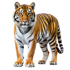 Obraz premium A majestic bengal tiger standing tall and proud, isolated on transparent background, showcasing its striking orange and black stripes in a captivating pose