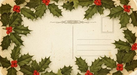 Vintage christmas holly wreath with red berries and blank postcard space