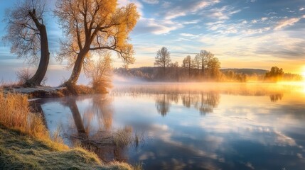 Golden winter sunrise casts vibrant hues on a serene lake, creating a peaceful and tranquil view.