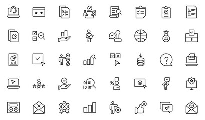 Survey icon set. Containing feedback, opinions, questionnaires, polls, research, and so on. The flat vector icon set is related to the survey—vector illustration. Thin outline icons pack