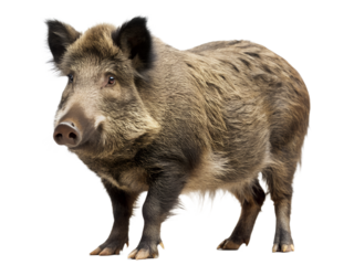 A formidable wild boar stands tall, isolated on transparent background, its bristly coat and tusks a testament to its untamed nature and resilience
