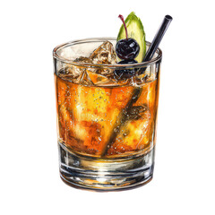 Amber Cocktail with Ice and Garnish on Transparent Background