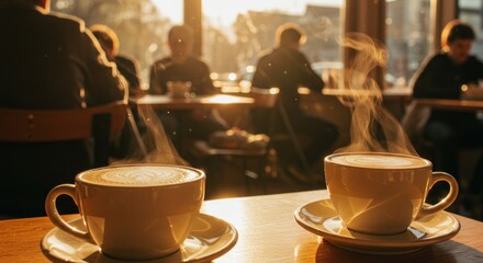 Two coffees in light yellow mugs steaming on a wooden table in a cafe setting with blurred figures in the background