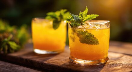 Fototapeta premium Two vibrant orange cocktails adorned with fresh mint
