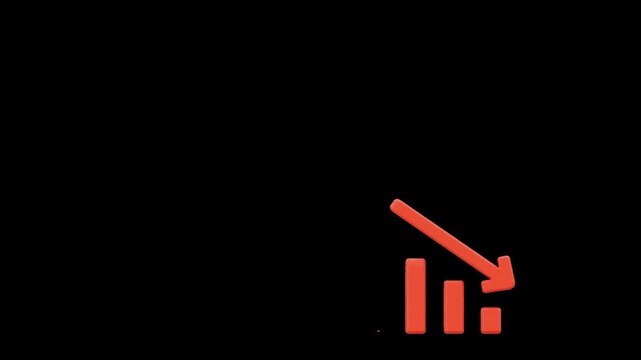 Red 3D Bar Chart Showing Decline with Arrow, Alpha Channel