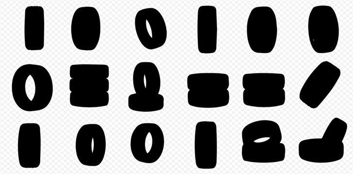 Collection of black tire silhouettes in various orientations and stacks on a transparent background.