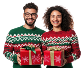 PNG An american couple wearing red and green sweater carry christmas gifts sweaters holiday happy.