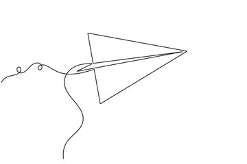 Flying paper plane continuous one line drawing minimalist origami travel vector illustration